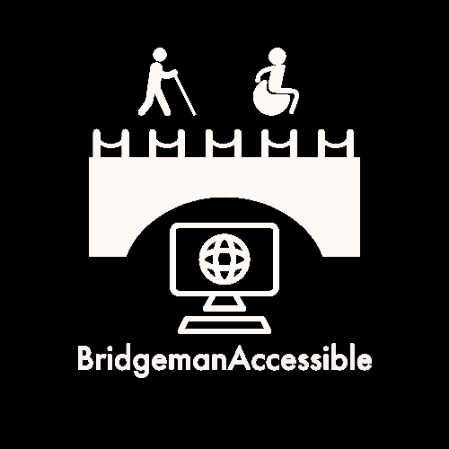 A white on black background version of the Bridgeman Accessible logo of a visually impaired person with a cane and someone in a wheelchair crossing a bridge which sits above a computer with a globe inside it with the words Bridgeman Accessible immediately below everything.